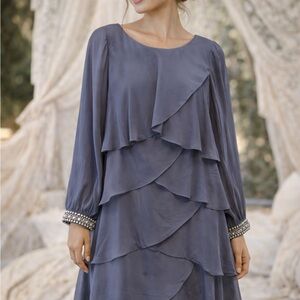 SLNY Layered Blue Dress with Embellished Sleeves